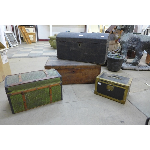 288 - A Victorian mahogany box, a leather and brass bound jewellery box and two others