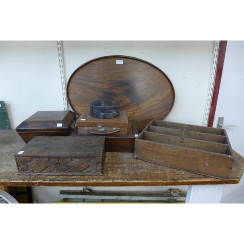 335 - A Victorian lady's mahogany sewing box, a carved oak letter box, a small leather briefcase, etc.