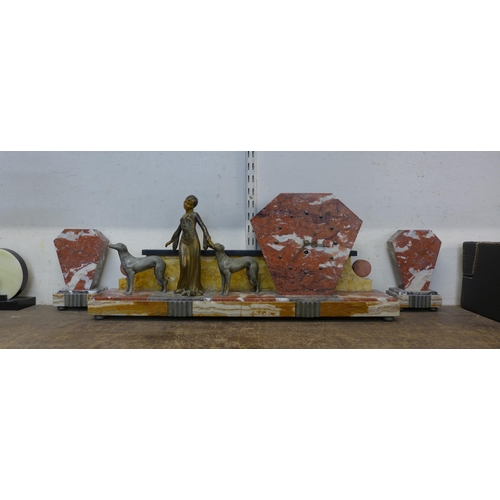 341 - An Art Deco marble and figural spelter clock garniture