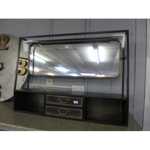 1527 - A large industrial style mirror with shelf and drawers