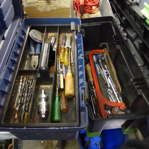 Two tool boxes of various hand tools: screwdrivers, pliers, saws, hammer