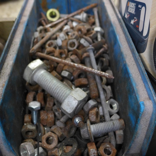 2176 - 6x Lin-bins containing nuts, bolts, brackets, welding rods, d-shackles, etc. Weighing more than 50kg