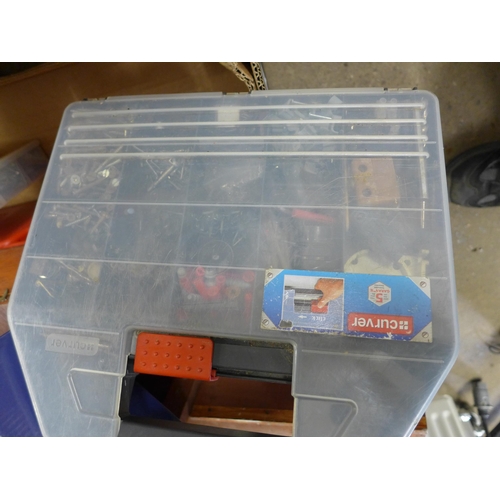 2243 - Assorted garage items: Large qty of screws, tools, sorting trays, etc.