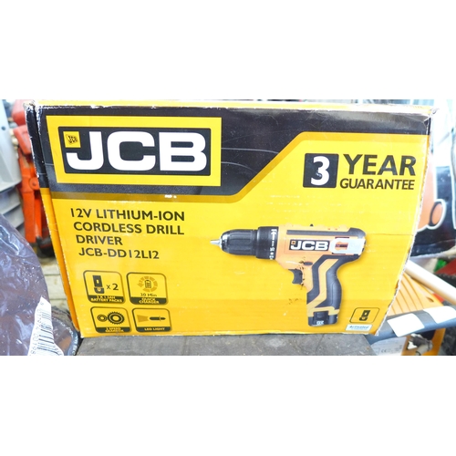 2262 - Wooden tool box with JCB cordless drill, large qty of bits and some hand tools