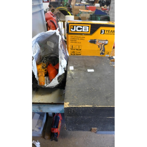 2262 - Wooden tool box with JCB cordless drill, large qty of bits and some hand tools