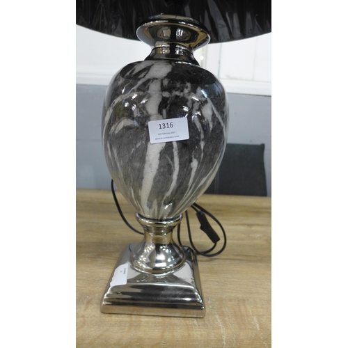 1316 - A black marble effect urn table lamp with black shade, H 62cms (LT057M28)   #