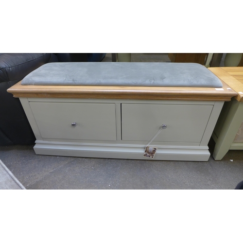 1515 - A grey painted and oak two drawer hall bench with grey velvet seat - MTROS035F/SL * this lot is subj... 