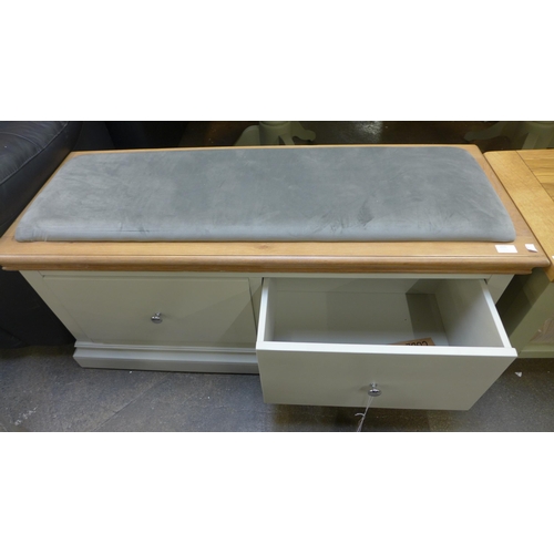 1515 - A grey painted and oak two drawer hall bench with grey velvet seat - MTROS035F/SL * this lot is subj... 