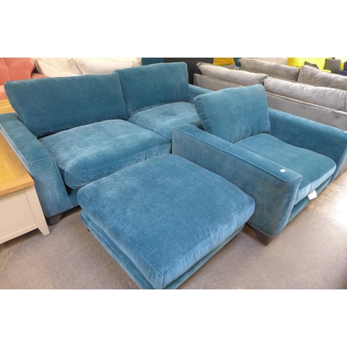 1519 - An Audrey aquamarine upholstered 4 seater sofa and loveseat with large square footstool