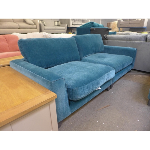 1519 - An Audrey aquamarine upholstered 4 seater sofa and loveseat with large square footstool