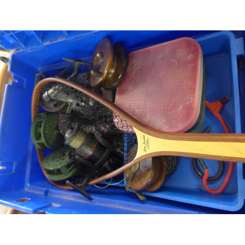 2472 - Job lot of fishing tackle and Shakespeare fishing box includes old/vintage carp/trout reels nets fli... 