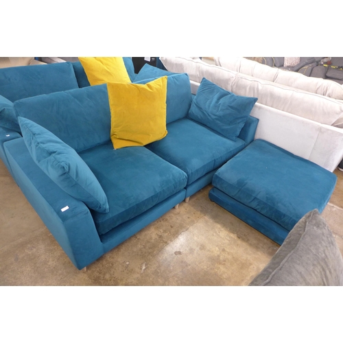 1464 - An Audrey teal velvet 3 seater sofa with large square footstool