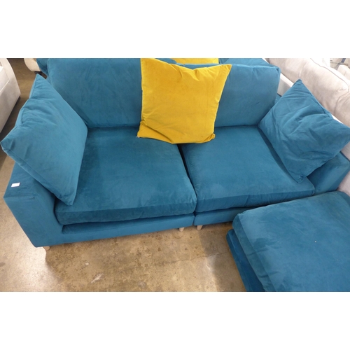 1464 - An Audrey teal velvet 3 seater sofa with large square footstool