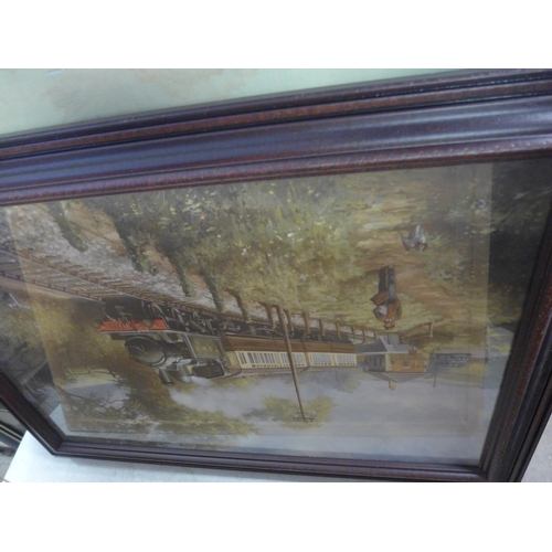 2347 - Nine framed paintings/prints: mostly locomotives, some Naval