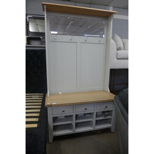 1526 - A grey painted and oak hall bench with mirror and coat rack - MTGCW115 * this lot is subject to VAT