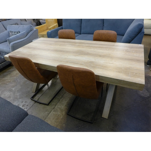 1344 - A Hatton 2m, thick top oak effect dining table and four tan dining chairs