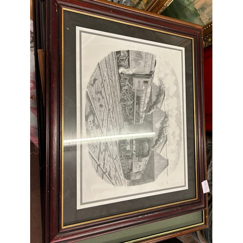 2128 - 7 Framed mixed size prints many in vintage frames mostly locomotives and Naval