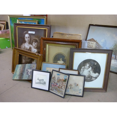 295 - Assorted prints, an oil of a spaniel, needlework pictures, etc.