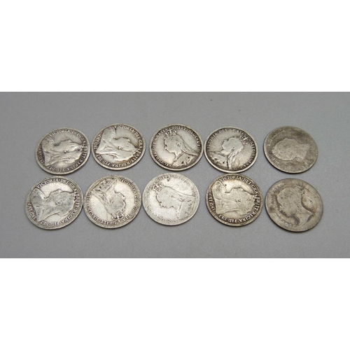 1067 - Nine Victorian silver 3d coins and one other 19th Century silver coin