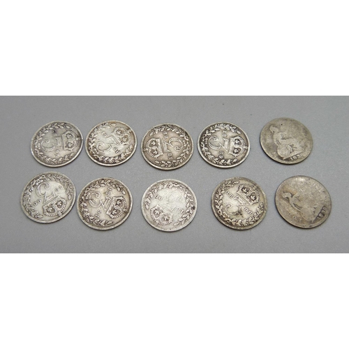 1067 - Nine Victorian silver 3d coins and one other 19th Century silver coin