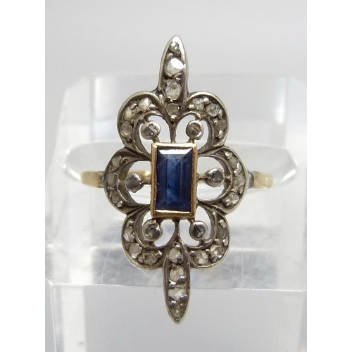 1072 - A yellow metal, diamond and sapphire ring, 3g, Q