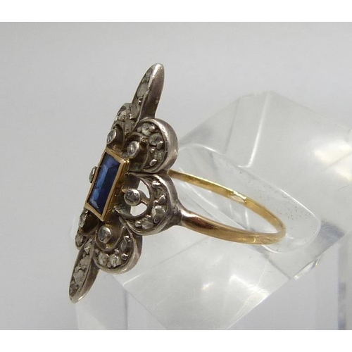 1072 - A yellow metal, diamond and sapphire ring, 3g, Q