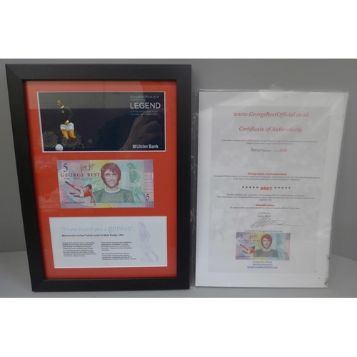 606 - An Ulster Bank Ltd George Best £5 note, framed and mounted with certificate of authenticity