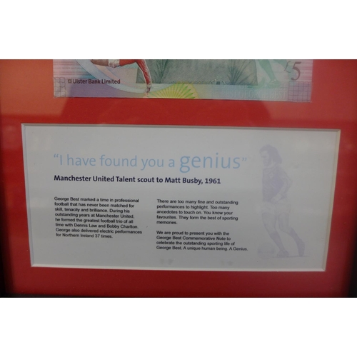 606 - An Ulster Bank Ltd George Best £5 note, framed and mounted with certificate of authenticity