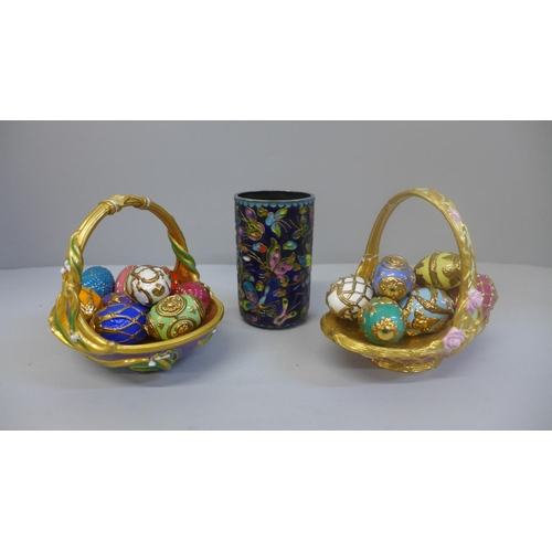 629 - Two Franklin Mint egg baskets, summer and spring, basket handles a/f and a cloisonne pot