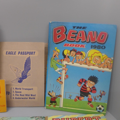 657 - A 1950's Eagle Passport and a Club card, four Rupert annuals, two Beano annuals and Lucie Attwell's ... 