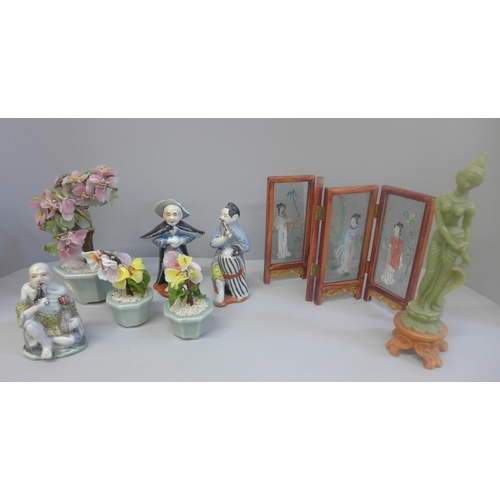 659 - Oriental items; four figures, one a/f, three jade trees and a screen