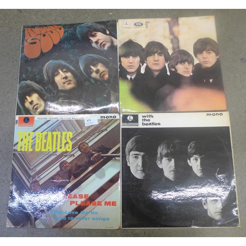 671 - Four Beatles LP records, Please Please Me, (2nd issue) Rubber Soul, Beatles For Sale and With The Be... 