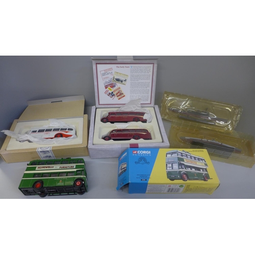 679 - Three Corgi buses, boxed and two boxed Atlas Editions model warships