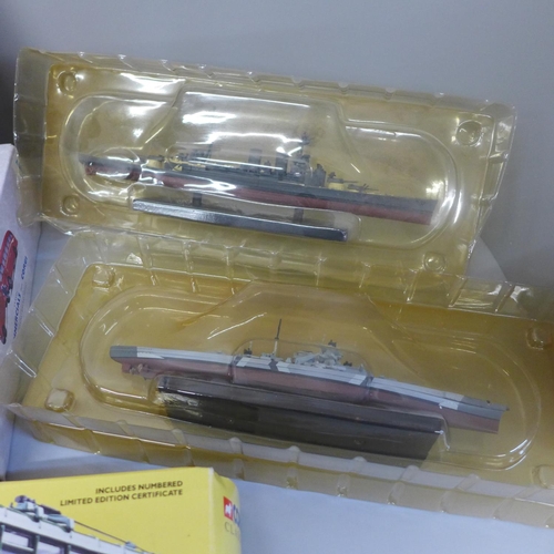 679 - Three Corgi buses, boxed and two boxed Atlas Editions model warships