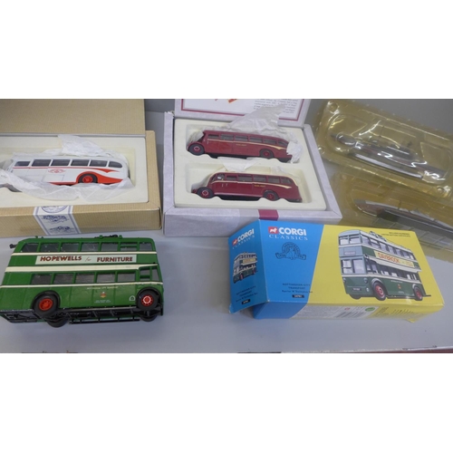 679 - Three Corgi buses, boxed and two boxed Atlas Editions model warships