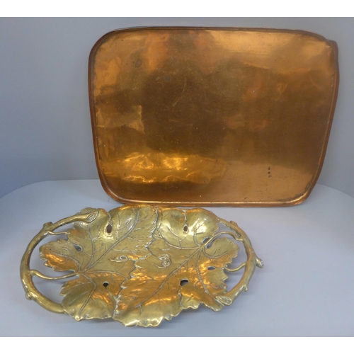 695 - A rectangular copper tray, 44 x 33.5cm, impressed mark to the back and a cast brass tray decorated w... 