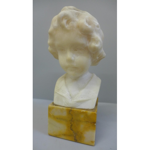 695B - A small alabaster bust on marble base, after Daniel Greiner, circa 1900, head restored, 17cm