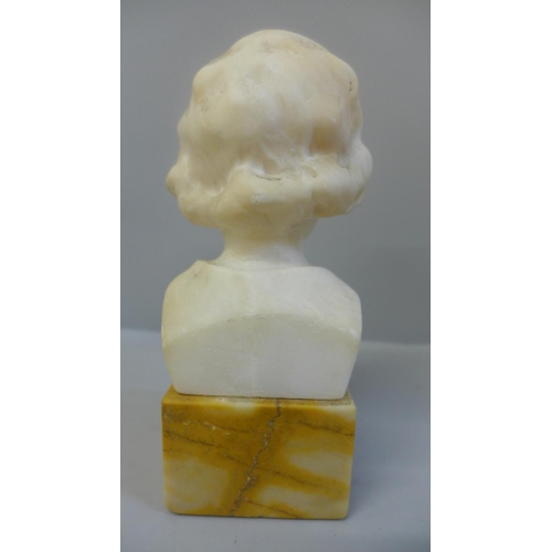 695B - A small alabaster bust on marble base, after Daniel Greiner, circa 1900, head restored, 17cm