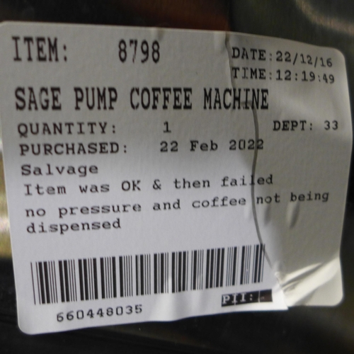 3016 - Sage Pump Coffee Machine , Original RRP £449.99 + vat (282-504)  * This lot is subject to vat