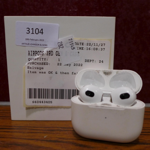 3104 - Airpods 3Rd Gen & Case  - model no MME73ZM/A, Original RRP £139.99 + vat (282-90)  * This lot is sub... 