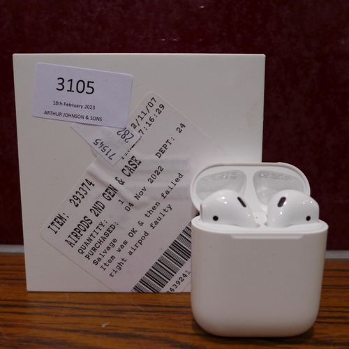 3105 - Airpods 2ND Gen & Case - model no MV7N2ZM/A, Original RRP £104.99 + vat (282-76)  * This lot is subj... 