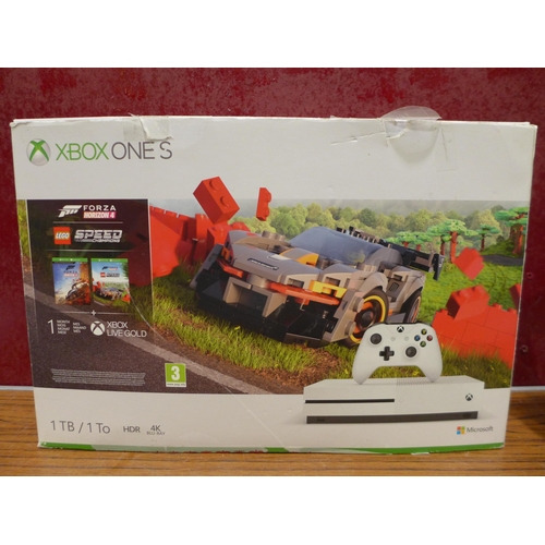 3127 - XBox One S gaming console with controller and headphones (1TB hard drive - damaged HDMI port)