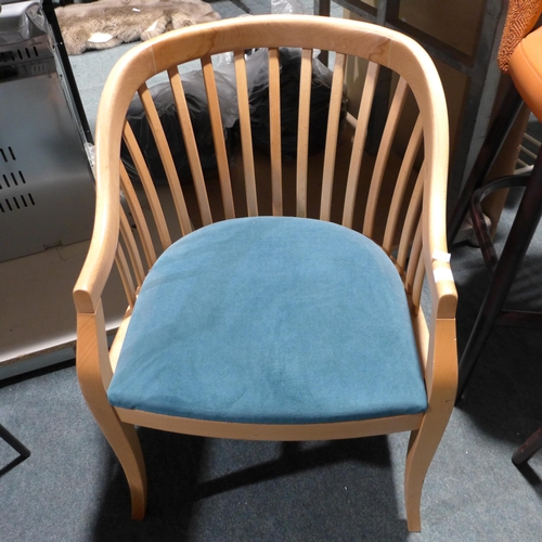 3243 - Beech, slat-back occasional chair with teal velvet seat pad