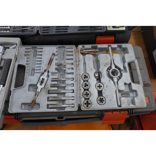 2072 - Taps & dies, case of drill bits, socket set, gas soldering iron, etc.