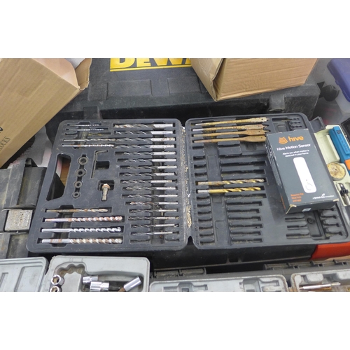 2072 - Taps & dies, case of drill bits, socket set, gas soldering iron, etc.