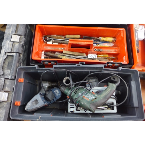 2075 - Two 66cm tool boxes one containing hand tools, one containing Bosch hammer SDS drill, circular saw a... 