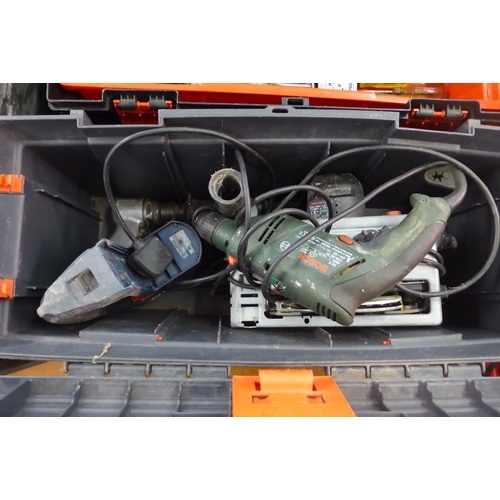 2075 - Two 66cm tool boxes one containing hand tools, one containing Bosch hammer SDS drill, circular saw a... 