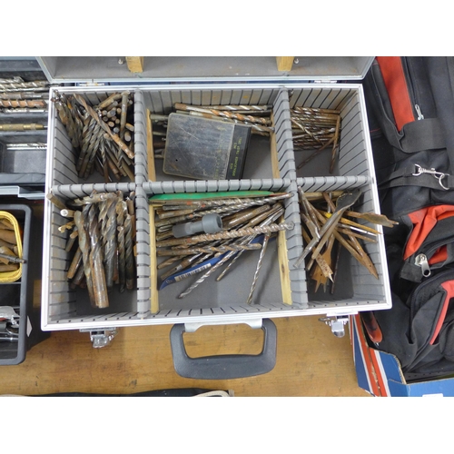 2079 - Aluminium flight case tool box and tool tray of hand tools with box of drill bits