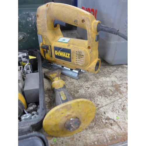 2144 - Two Dewalt 110V jigsaws, Metabo 110V electric joinery plane and Black and Decker plunge router