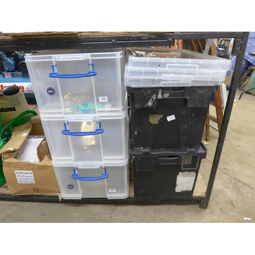 2181 - Three 64 ltr lidded plastic storage crates and two other storage crates